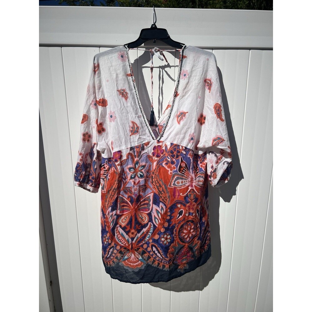 Blue Island Cover Up Dress Boho Colorful Floral Cotton Lightweight Sz M-XL **